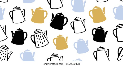 Minimalistic cute tea pots seamless pattern on white background. Hand drawn kitchen illustration. Autumn and winter mood. Colorful scandinavian style textile design. Cozy kitchen fabric textile design