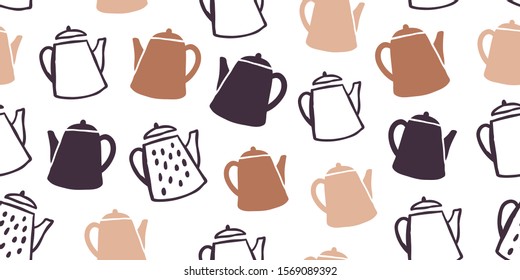 Minimalistic cute tea pots seamless pattern on white background. Hand drawn kitchen illustration. Autumn and winter mood. Colorful scandinavian style textile design. Cozy kitchen fabric textile design