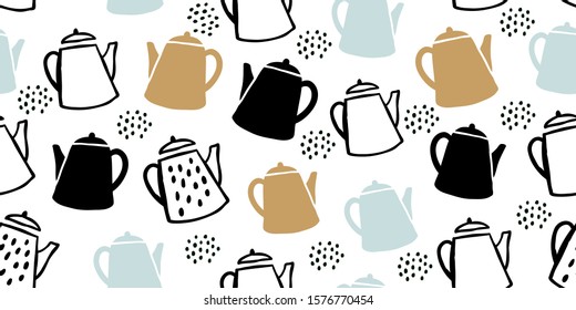 Minimalistic cute tea pots seamless pattern on white background. Hand drawn kitchen illustration. Autumn and winter mood. Colorful scandinavian style textile design. Cozy kitchen fabric textile design