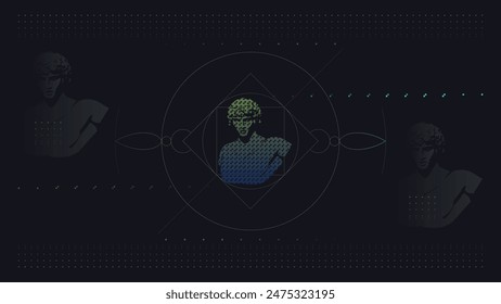 Minimalistic dark background with an antique bust in Greek style. Abstract pattern with dots, thin lines and geometric shapes. Futuristic art, desktop wallpaper, web page, poster, banner, vector.