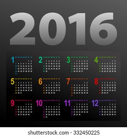 minimalistic dark multicolor 2016 calendar design - week starts with sunday