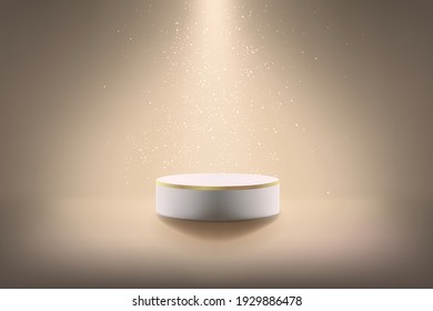 A minimalistic dark scene with an empty cylinder lit from above. Podium or showcase mockup for product showcase.