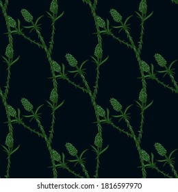 Minimalistic dark seamless pattern with green thorn twigs. Black background. Botanic stylized artwork. Designed for wallpaper, textile, wrapping paper, fabric print. Vector illustration.