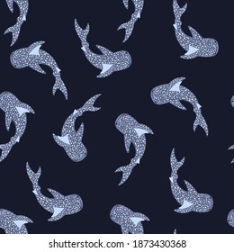 Minimalistic dark seamless pattern with little whale sharks silhouettes. Navy blue background. Perfect for fabric design, textile print, wrapping, cover. Vector illustration.