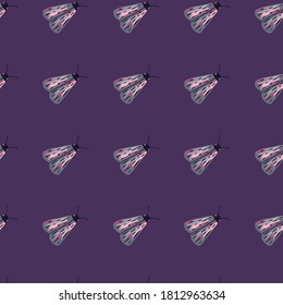 Minimalistic dark seamless pattern with night moth silhouettes. Dark purple background. Creative nature print. For wallpaper, textile, wrapping paper, fabric print. Vector illustration.