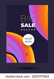 Minimalistic dark vector design for poster with volumetric rounded bright shapes and lettering big sale on the black background