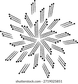 Minimalista Linha tracejada Abstrato Ilustração gráfica vetor assemelhando-se a uma explosão estilizada, Aproximadamente Circular, mas Intencionalmente Irregular Geométrico Arranjo de ângulos variáveis e comprimento com efeito de movimento dinâmico e dando sensação de controlado Caos, Desenhado à mão moderna Geometric Dashed Lines Dandelion Floral Bordado elemento com Pétalas Trilineares estourando para fora a partir de um ponto central vazio