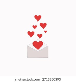 Minimalistic Valentine’s Day illustration featuring an open envelope with red hearts floating out, symbolizing love, romance, and heartfelt messages. 
