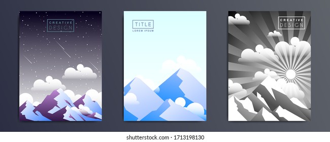 Minimalistische Tages- und Nachtlandschaft. Illustrationen mit Sonne, Mond, Bergen, Sternen, Wolken, für Wetter-App, Benutzeroberflächen-Design. Vektorillustration-Hintergrundkollektion