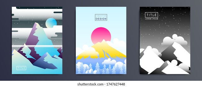 Un paisaje mínimo diurno y nocturno. Ilustraciones con sol, luna, montañas, estrellas, nubes, para aplicaciones meteorológicas, diseño de interfaz de usuario. Colección de fondo del vector