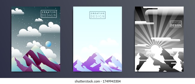 Un paisaje mínimo diurno y nocturno. Ilustraciones con sol, luna, montañas, estrellas, nubes, para aplicaciones meteorológicas, diseño de interfaz de usuario. Colección de fondo del vector