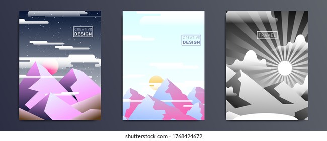 Minimalistic day and night landscape set. Illustrations with sun, moon, mountains, stars, clouds, for weather app, user interface design. Vector background collection