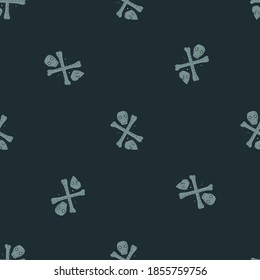 Minimalistic death seamless pattern with skulls and bones. Dark navy blue background. Halloween backdrop. Vector illustration for seasonal textile prints, fabric, banners, backdrops and wallpapers.