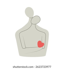 Minimalistic decor in the form of a loving couple hugging with a red heart. A symbol of care, warmth and emotional connection. Ideal for posters, postcards or health content.