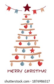 Minimalistic decorated christmas tree with star, decoration balls and garland. Merry Christmas concept. Scandinavian Style. Vector illustration in trendy flat style for greeting card, banner, poster