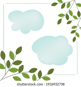 Minimalistic decorative background with spring  branches and air clouds. Vector frame. Green leaves on a white background. Illustration for congratulations, invitations, cards with place for text.