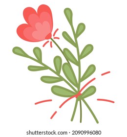 Minimalistic decorative bouquet. Vector isolated design of abstract decor elements in flat style. Delicate petals and twigs are tied with a ribbon. For the design cards, stickers, posters, web pages