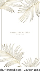 Minimalista y delicado fondo botánico de lujo con hojas de palma doradas. Antecedentes de postales, invitaciones a bodas, cartas, afiches, decoración