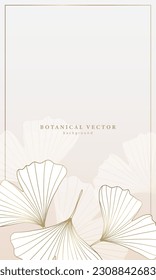 Minimalistic delicate botanical luxury background with golden branches of ginkgo biloba. Background for postcards, wedding invitations, letters, posters, decor