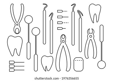 Minimalistic dental black line icons on white. Dentist and dental hygiene tools, teeth and mirrors vector illustration.