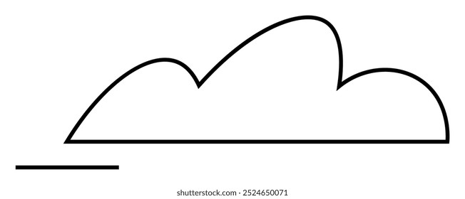 A minimalistic depiction of a cloud with a simple outline and horizontal line underneath. Ideal for weather themes, nature, simplicity, graphic design, and web elements. Line art style.