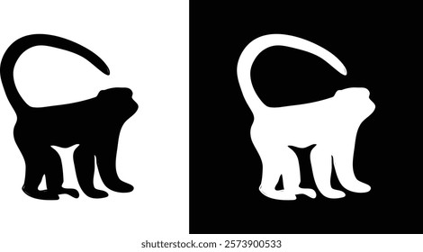 A minimalistic depiction of a monkey silhouette using contrasting black and white colors arranged side by side