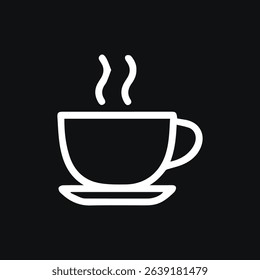 A minimalistic depiction of a steaming cup on a saucer against a black background, representing coffee, tea or a relaxing break.