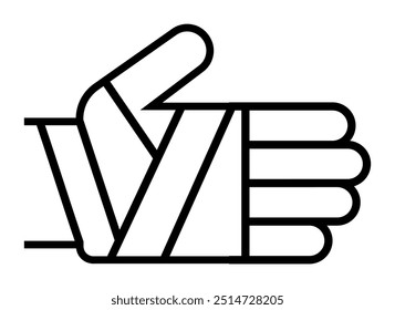 A minimalistic depiction of a thumbs up with a bandaged thumb. Ideal for themes of support, recovery, positivity, achievement, and encouragement. Black and white vector style.