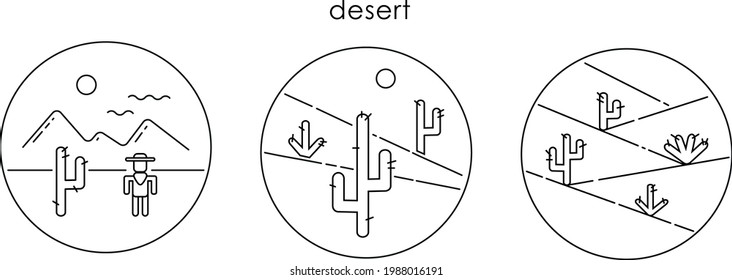 A minimalistic desert logo design with line illustration. three landscapes with mountains, cacti and a cowboy.