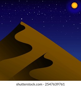 Paisaje nocturno minimalista del desierto con una duna de arena bajo un cielo lleno de estrellas con una luna brillante. Ideal para fondos, ilustraciones digitales y diseños inspirados en la naturaleza con una atmósfera serena.

