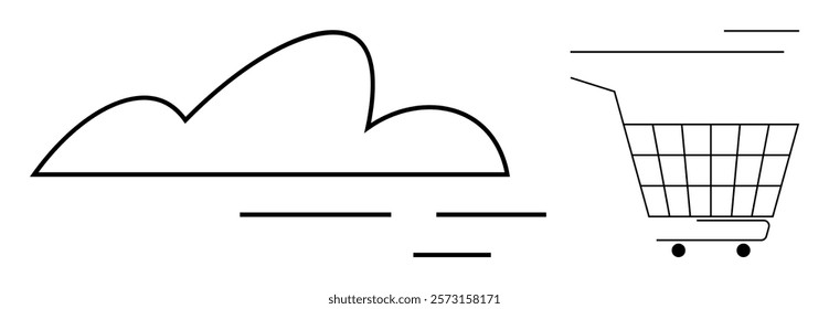 Minimalistic design of a cloud and shopping cart placed adjacently with simple lines. Ideal for e-commerce, online shopping, cloud computing, web services, and digital marketing. Modern and sleek