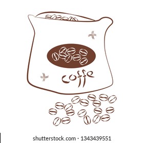 Minimalistic design of coffee beans in the bag. Simple drawing brown outline on white background. Vector jute bag or canvas with label and scattered grains.