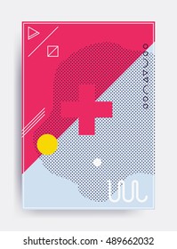 Minimalistic design, creative vector concept poster Colorful trend modern geometric abstract background. Pink Blue Yellow Fiolet elements illustration. Magazine, leaflet, billboard template