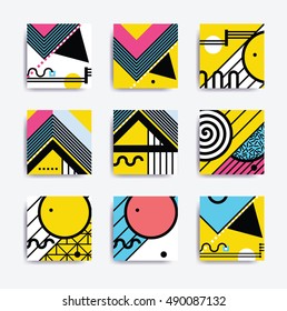Minimalistic design, creative vector concept poster Colorful trend modern geometric abstract background. Pink Blue Yellow Violet elements illustration. Magazine, leaflet, billboard template