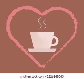 Minimalistic design of a cup of coffee, tea with a heart. Vector illustration of a cup of hot coffee, tea for menu, print, pattern, signage, template. Illustration for cafes, restaurants.