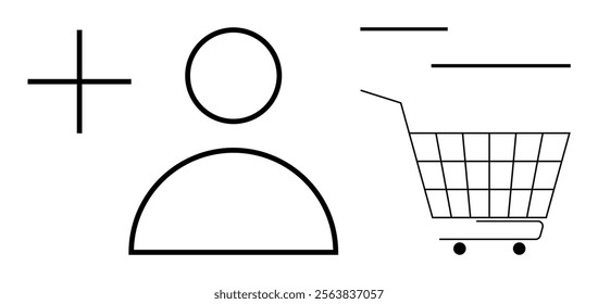 Minimalistic design features a user icon, plus sign, and shopping cart, representing user profile creation and online shopping. Ideal for e-commerce, user accounts, online stores, digital marketing