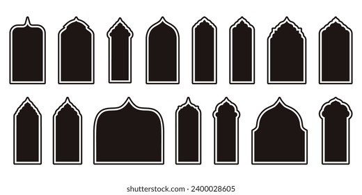 Minimalistic Design Featuring Oriental Style Windows and Arches in Modern Boho Colors. Aesthetic Illustrations Suitable for Various Applications.