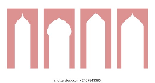 Minimalistic Design Featuring Oriental Style Windows and Arches in Modern Boho Colors. Stylish Silhouette Illustrations Perfect for Various Design Applications.