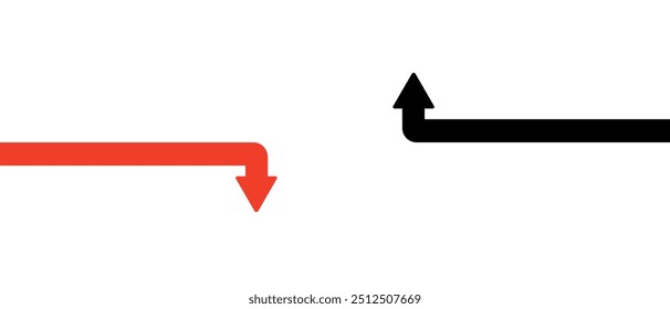 Minimalistic design featuring a red arrow pointing downward and a black arrow pointing upward on a white background