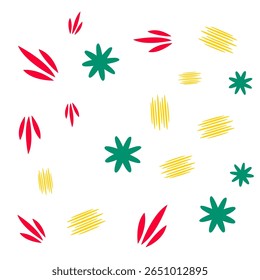 A minimalistic design featuring red, green, and yellow geometric shapes arranged on a white background. Ideal for abstract backgrounds, decorations, and modern art-inspired designs.