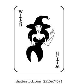 Diseño minimalista en forma de una tarjeta de juego con una bruja sexy en negro para imprimir en la ropa, camisetas, tazas