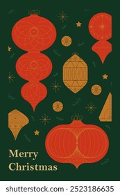 Minimalistic design with geometric-shaped Christmas ornaments in red and gold, surrounded by festive elements Vector illustration. Concept of Merry Christmas, Happy New Year holiday. Postcard template
