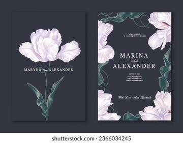 Minimalistic design of greeting or invitation card, template with white tulips flowers, leaves in realistic style with high detail. Vector poster, flyer, cover, place for text, post in social networks