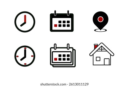 Minimalistic Design Icons Featuring Clock, Calendar, Location Pin, and House Graphic