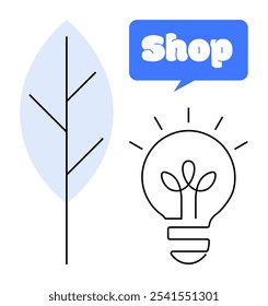 Diseño minimalista de una bombilla, una hoja y una burbuja de discurso azul que dice Tienda. Ideal para productos ecológicos, tiendas en línea, negocios sostenibles, energía verde, marketing creativo. Simple moderno