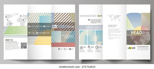 Minimalistic design with lines, geometric shapes forming beautiful background. Tri-fold brochure business templates on both sides. Easy editable abstract vector layout in flat style.