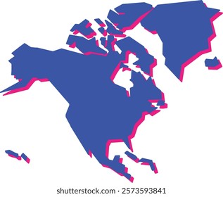 Minimalistic design map of North and Central America, Greenland and Iceland, Vector map, Modern look with colourful shadow