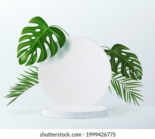 Minimalistic design of marble pedestal with tropical leaves on the background. Rodium for product demonstration.