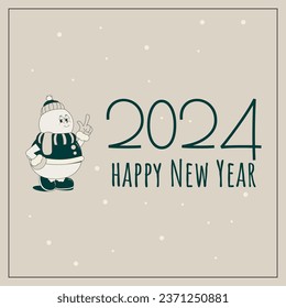 Minimalistic design of New Year greetings, postcards in a trendy monochrome retro style. Cartoon funny snowman next to the inscription 2024.Flat vector illustration.