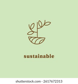 Minimalistic design of a plant with three leaves growing out of a small, stylized brown pot, set against a light green background, accompanied by the word "sustainable" written below.